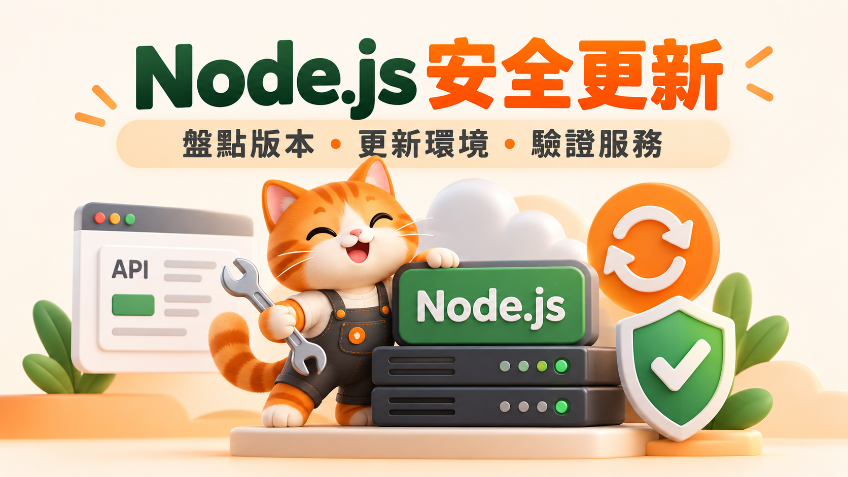 Node.js 安全更新插畫，橘貓維護綠色 Node.js 主機，搭配 API、更新與安全盾牌圖示。