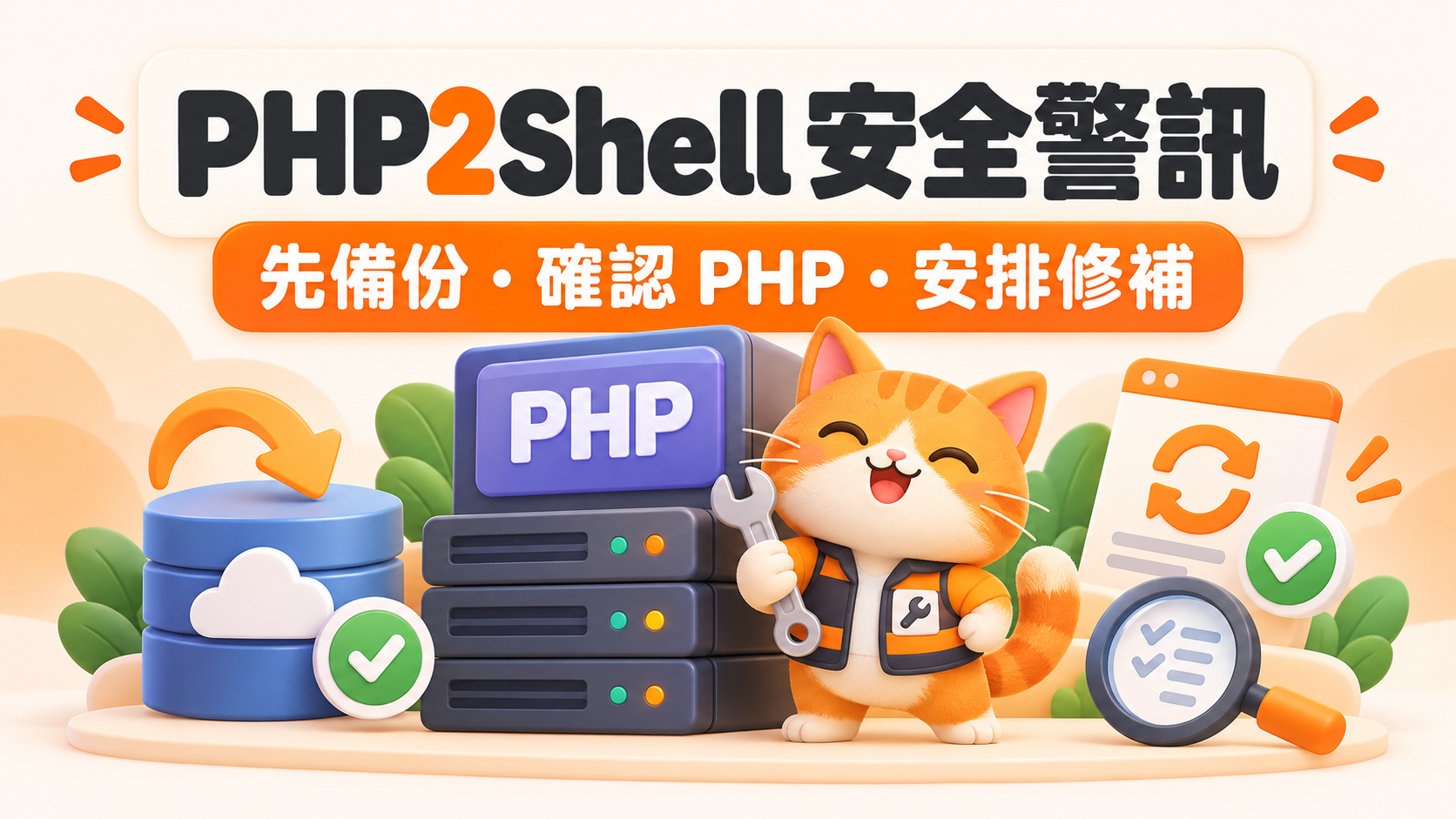 PHP2Shell 安全警訊，橘貓維護 PHP 主機，搭配備份資料庫、更新與檢查圖示。